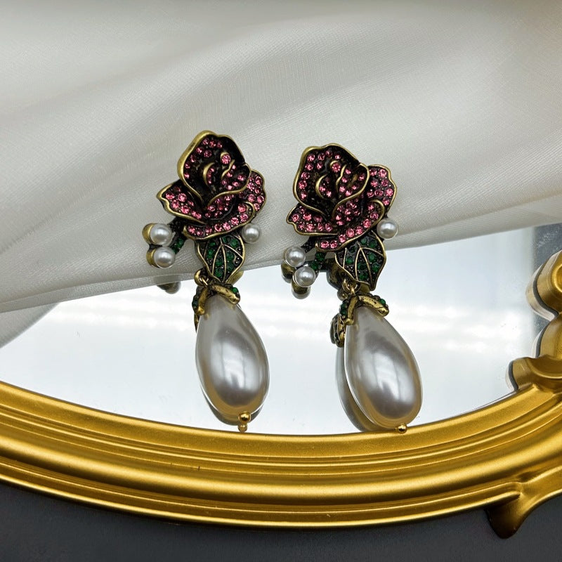 Gold-Filled Stud Earrings with 3D Rose-Shaped Teardrop Pearl Set in Sterling Silver