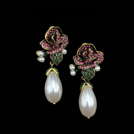 Gold-Filled Stud Earrings with 3D Rose-Shaped Teardrop Pearl Set in Sterling Silver