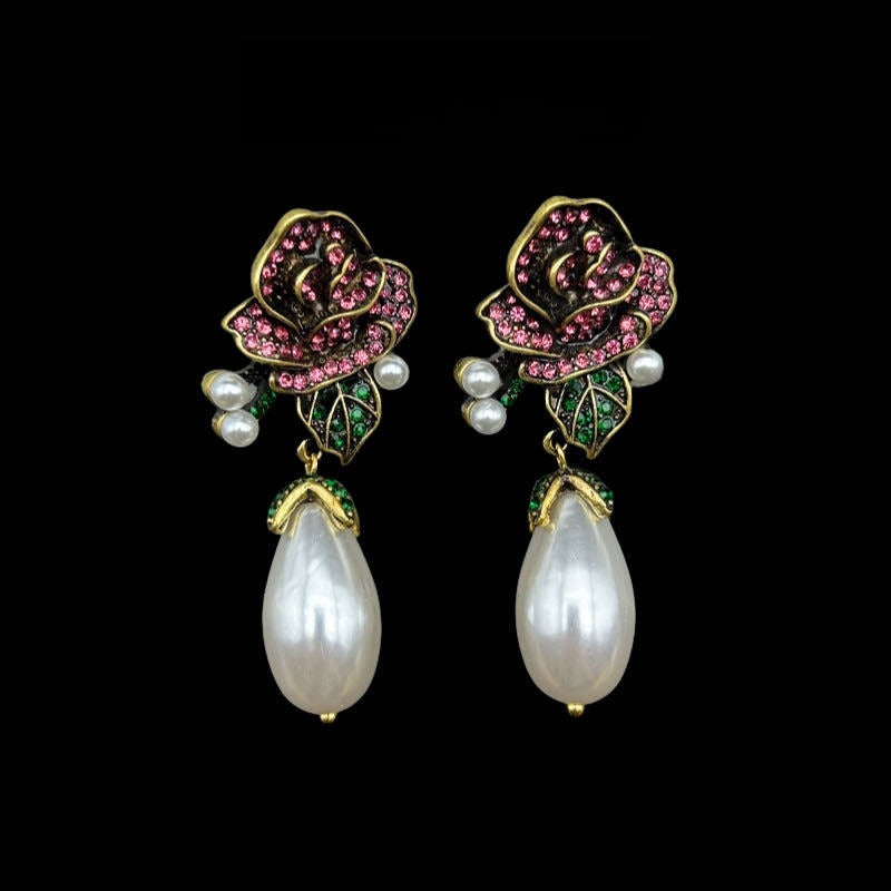 Gold-Filled Stud Earrings with 3D Rose-Shaped Teardrop Pearl Set in Sterling Silver
