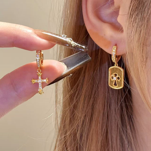 Vintage Gold Cross Hoop Earrings for Women | Christian Dangle Earrings | Faith Jewelry | LEILR