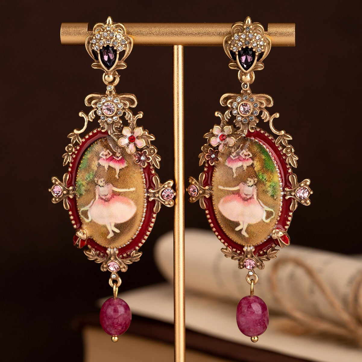 Timeless Vintage Oil Painting Ballet Girl Stud Earrings Distressed Floral Bee Relief Carved Light Luxury Earrings