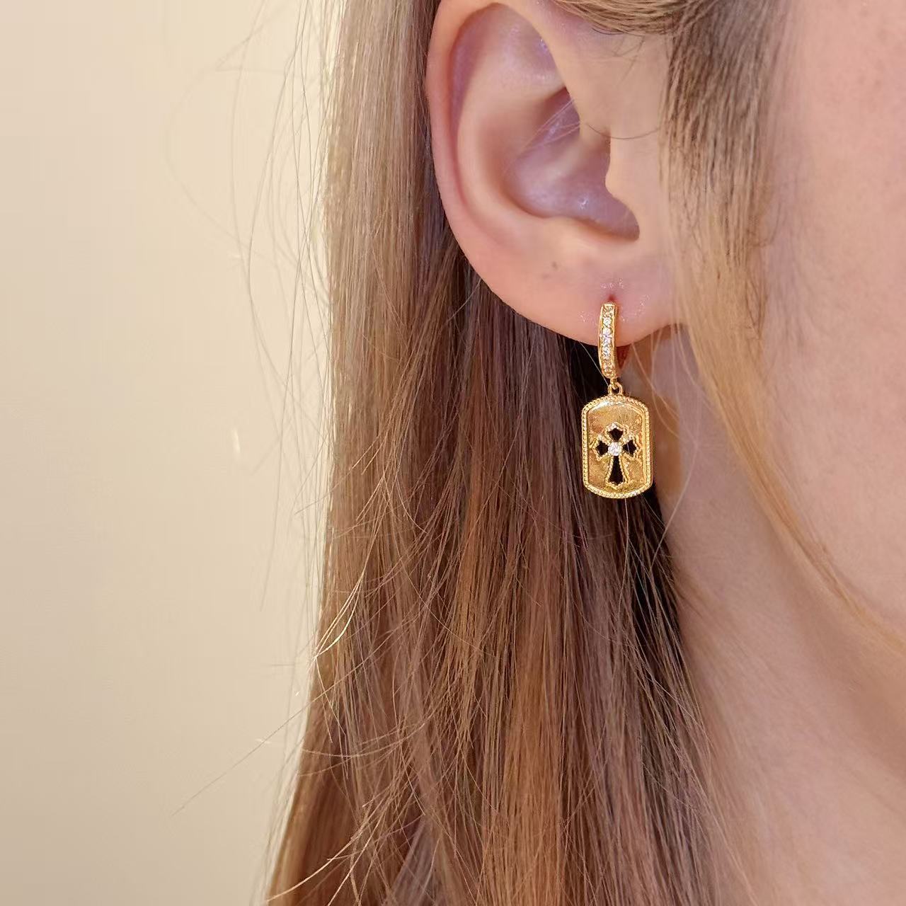 Vintage Gold Cross Hoop Earrings for Women | Christian Dangle Earrings | Faith Jewelry | LEILR