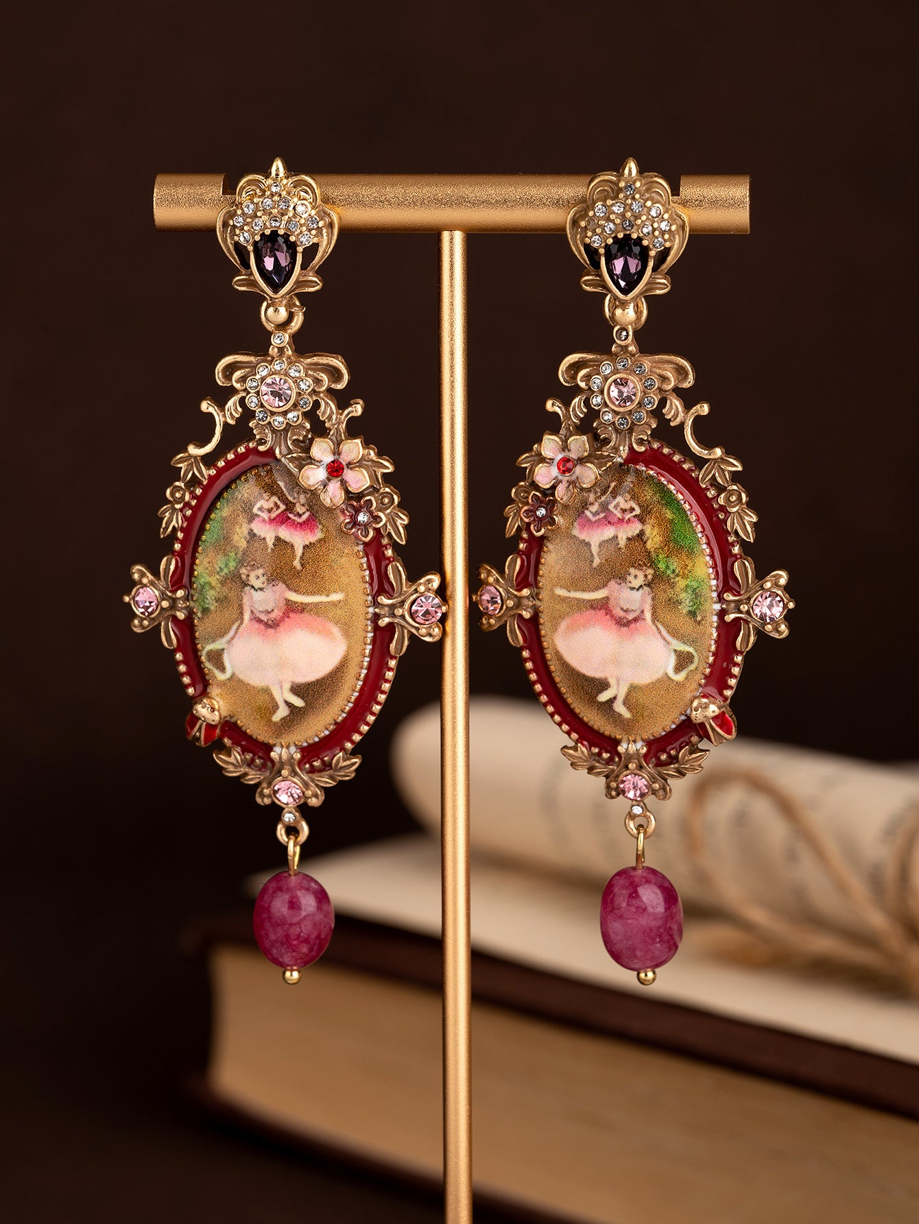 Timeless Vintage Oil Painting Ballet Girl Stud Earrings Distressed Floral Bee Relief Carved Light Luxury Earrings
