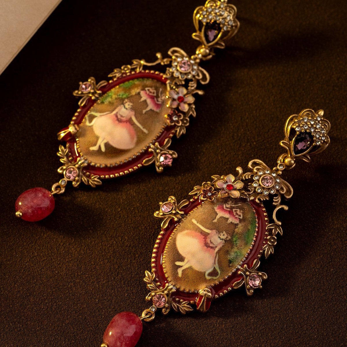 Timeless Vintage Oil Painting Ballet Girl Stud Earrings Distressed Floral Bee Relief Carved Light Luxury Earrings