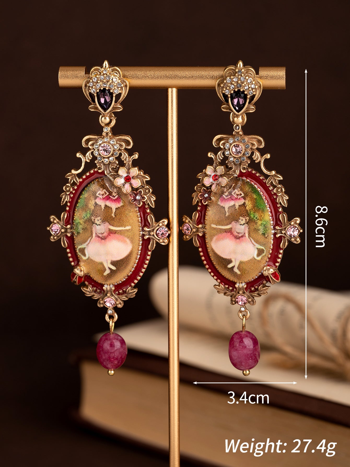 Timeless Vintage Oil Painting Ballet Girl Stud Earrings Distressed Floral Bee Relief Carved Light Luxury Earrings