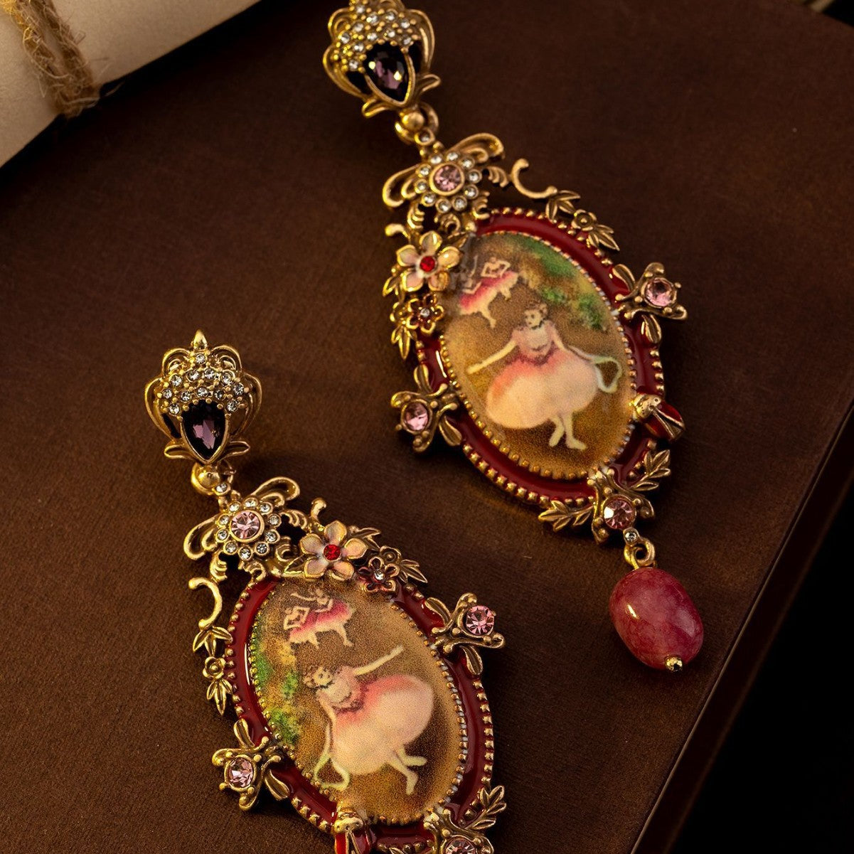 Timeless Vintage Oil Painting Ballet Girl Stud Earrings Distressed Floral Bee Relief Carved Light Luxury Earrings
