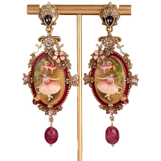 Timeless Vintage Oil Painting Ballet Girl Stud Earrings Distressed Floral Bee Relief Carved Light Luxury Earrings