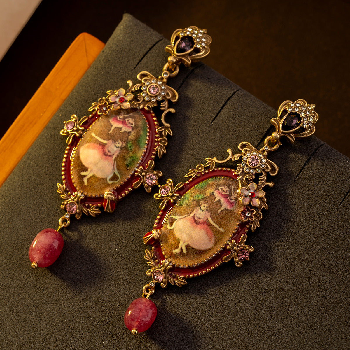 Timeless Vintage Oil Painting Ballet Girl Stud Earrings Distressed Floral Bee Relief Carved Light Luxury Earrings