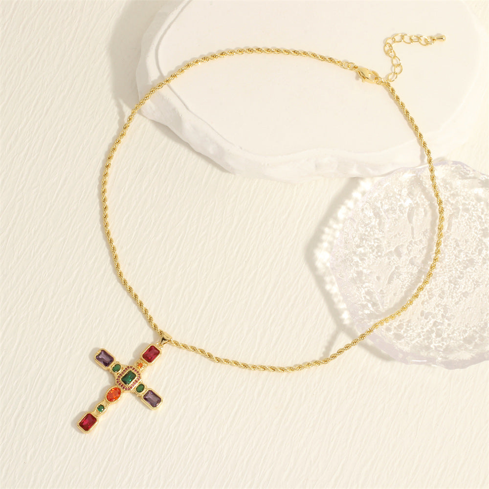 Colored Zircon Metal Cross Necklace
