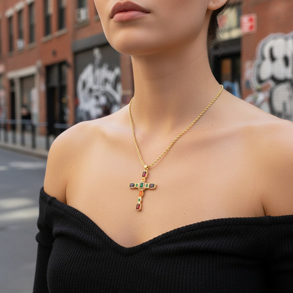 Colored Zircon Metal Cross Necklace