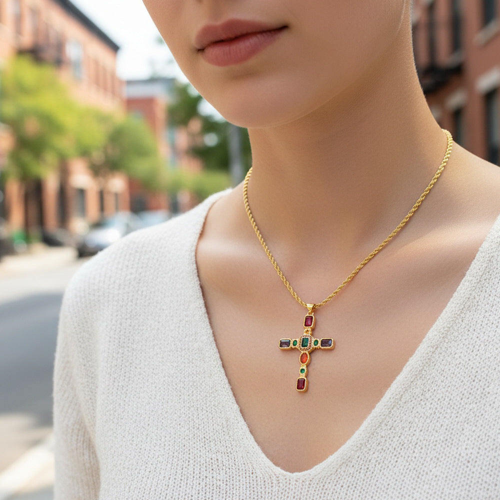 Colored Zircon Metal Cross Necklace