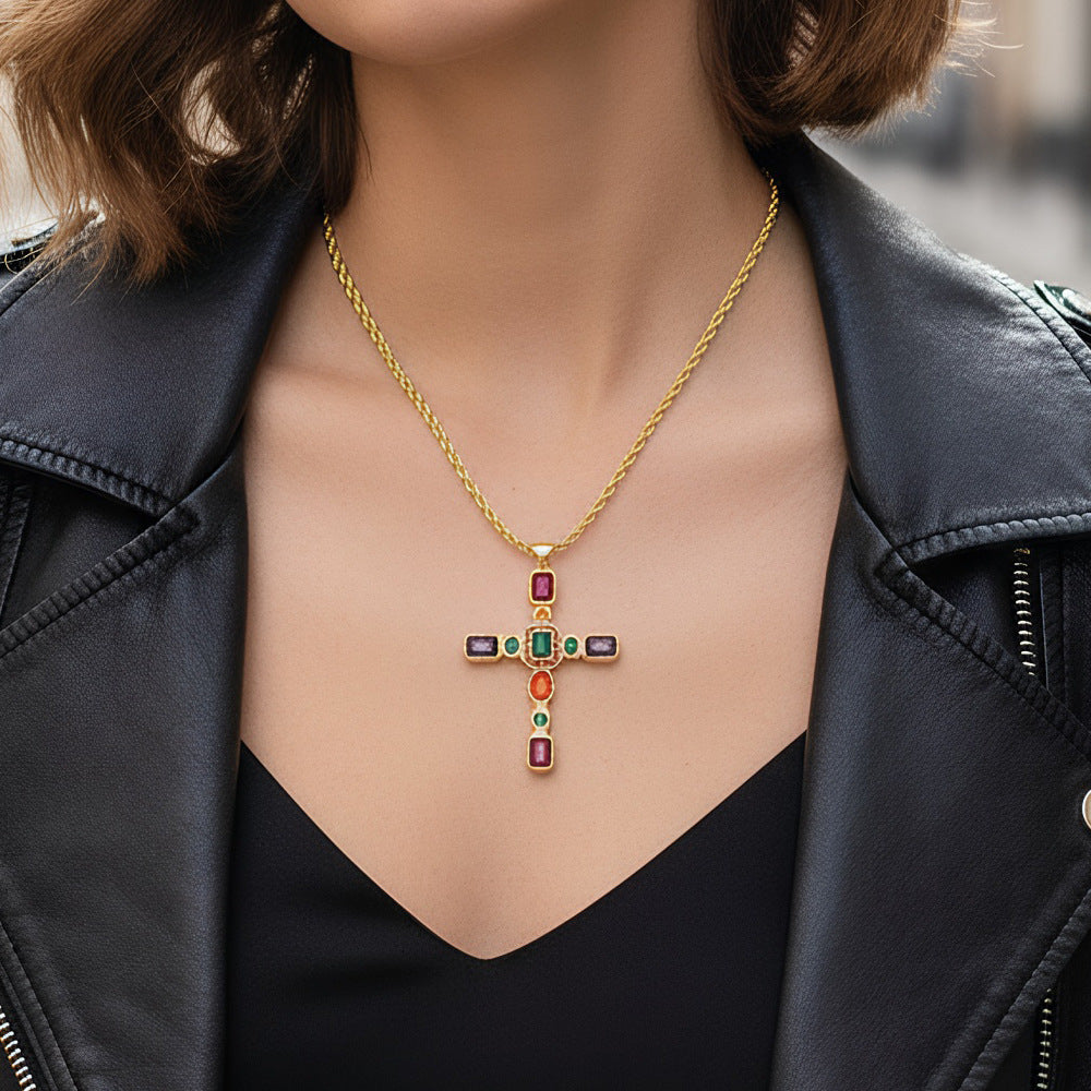 Colored Zircon Metal Cross Necklace
