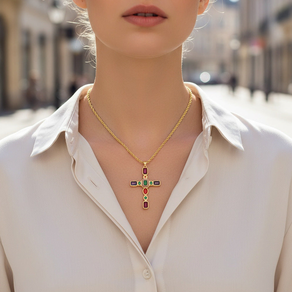Colored Zircon Metal Cross Necklace