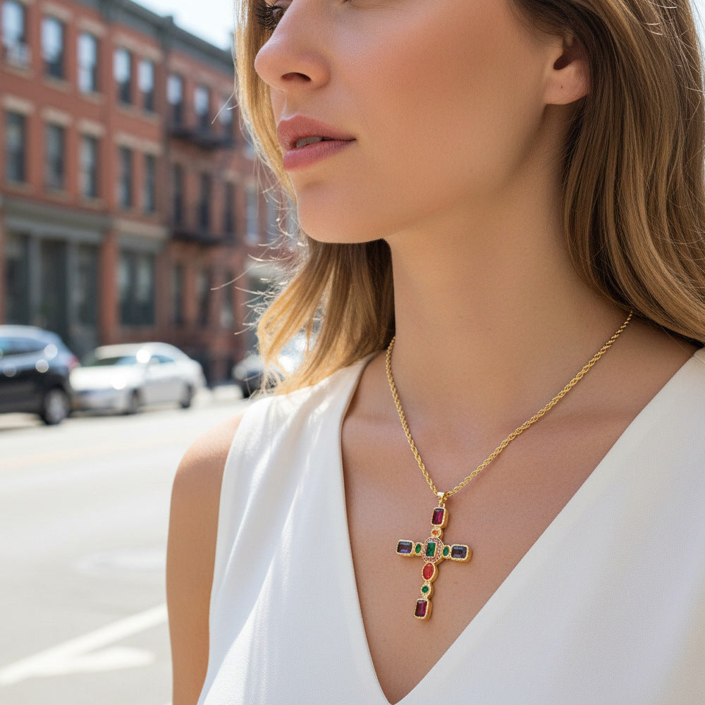 Colored Zircon Metal Cross Necklace