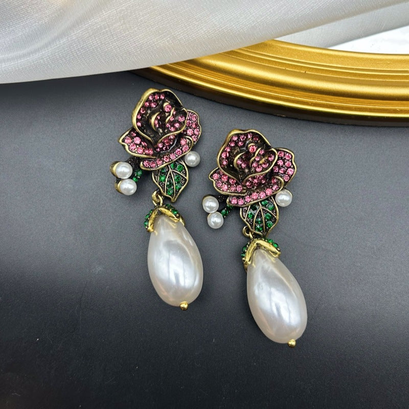 Gold-Filled Stud Earrings with 3D Rose-Shaped Teardrop Pearl Set in Sterling Silver