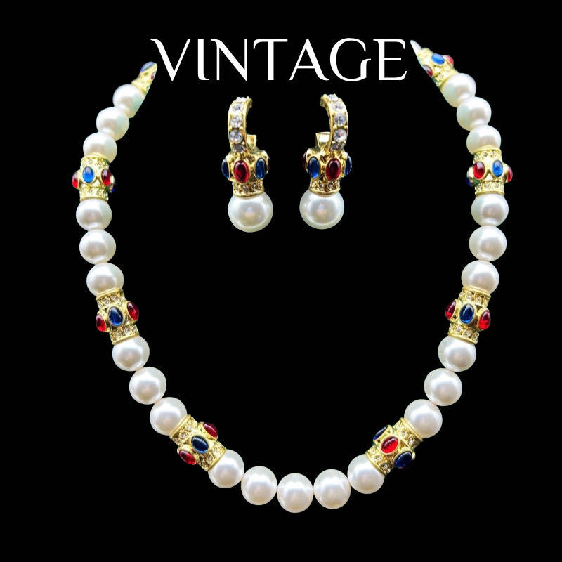 Full-Set Contrasting Enamel Versatile, Elegant, and Fashionable Pearl Necklace and Earring Set