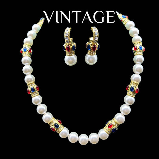 Full-Set Contrasting Enamel Versatile, Elegant, and Fashionable Pearl Necklace and Earring Set