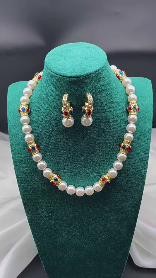 Full-Set Contrasting Enamel Versatile, Elegant, and Fashionable Pearl Necklace and Earring Set
